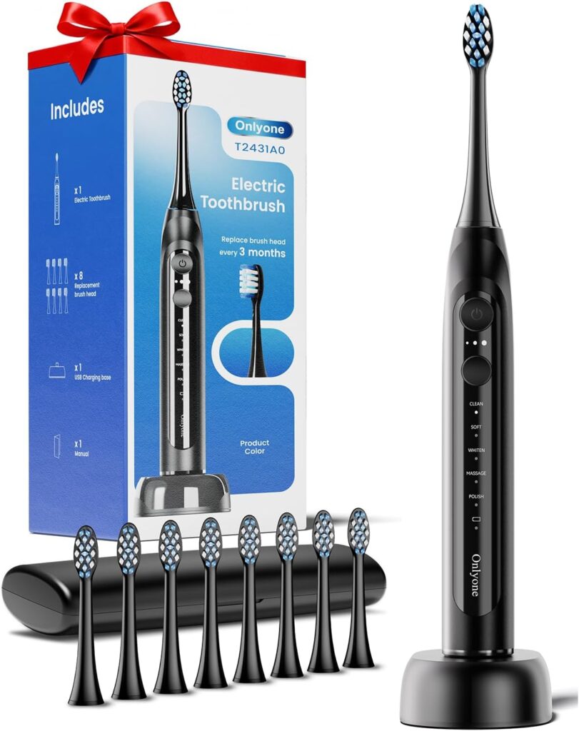 Onlyone Sonic Electric Toothbrush for Adults, Rechargeable Ultrasonic Electric Toothbrush with 8 Brush Heads, Travel Case, Charging Base & Wireless Charging – 5 Modes with Smart Timer